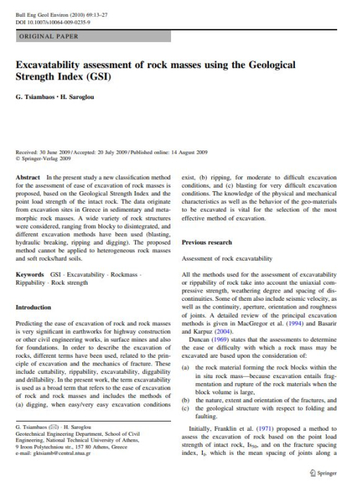 Excavatability assessment of rock masses using the Geological Strength ...